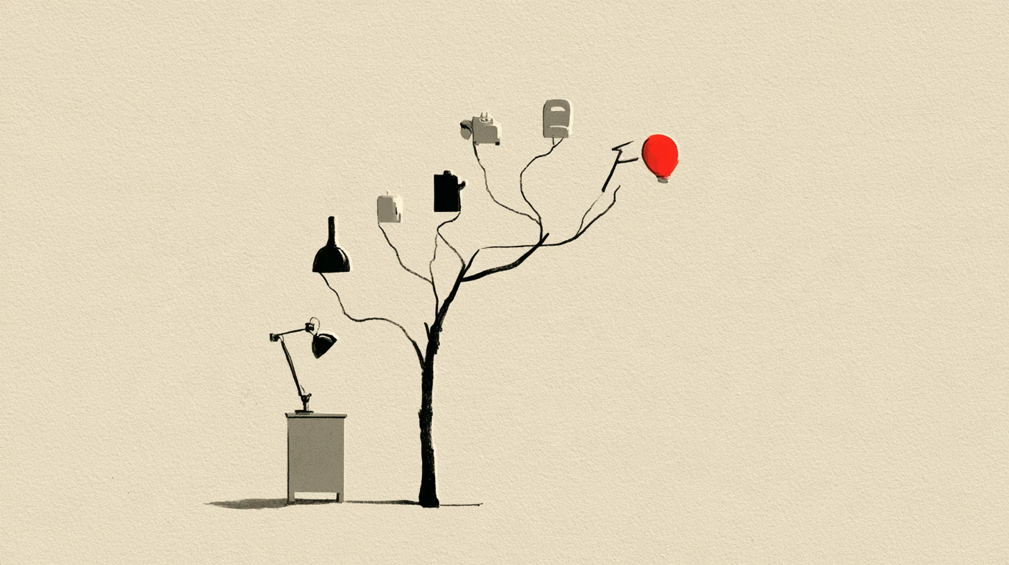 Illustration of a tree growing from a desk whose branches hold office objects, ending in one red balloon.
