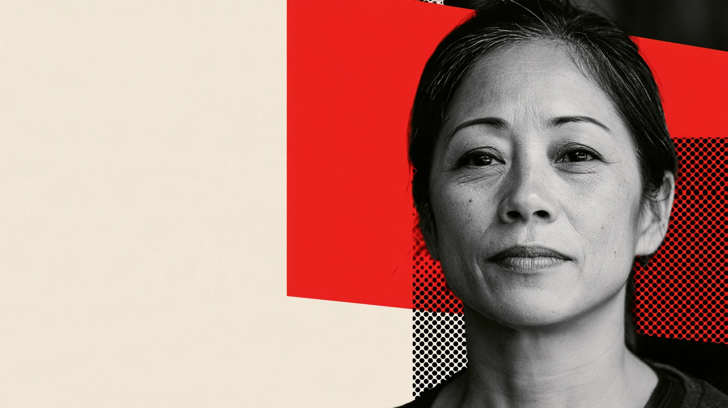 Halftone-treated portrait of a middle-aged woman in black and white against red and cream blocks.