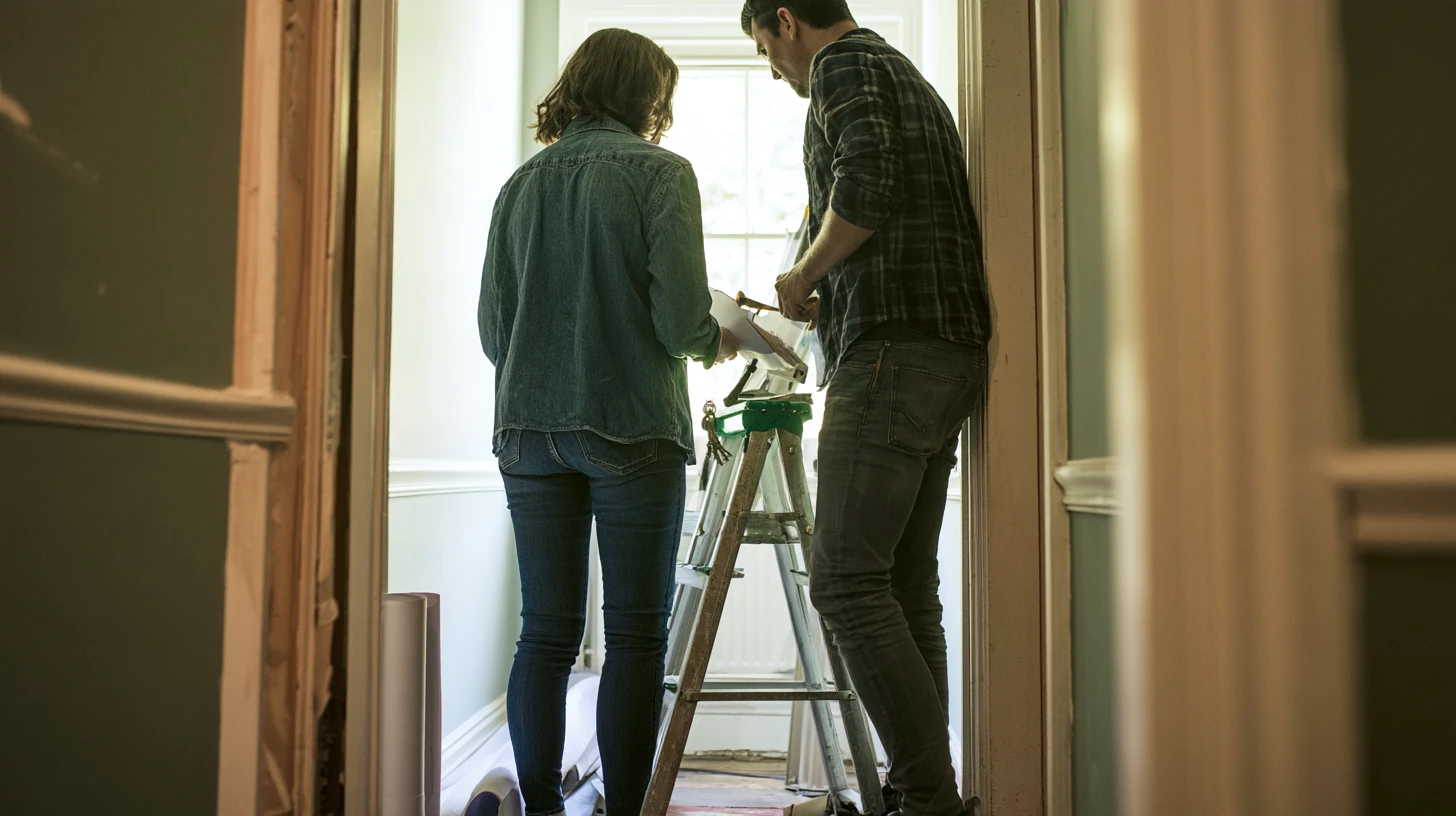 Two people reviewing papers by a stepladder in a bright home hallway mid-renovation.
