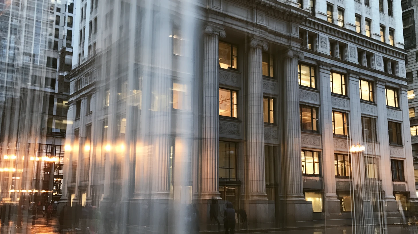 Long-exposure street scene blurring a classical bank-style building with lit windows and warm streetlights.