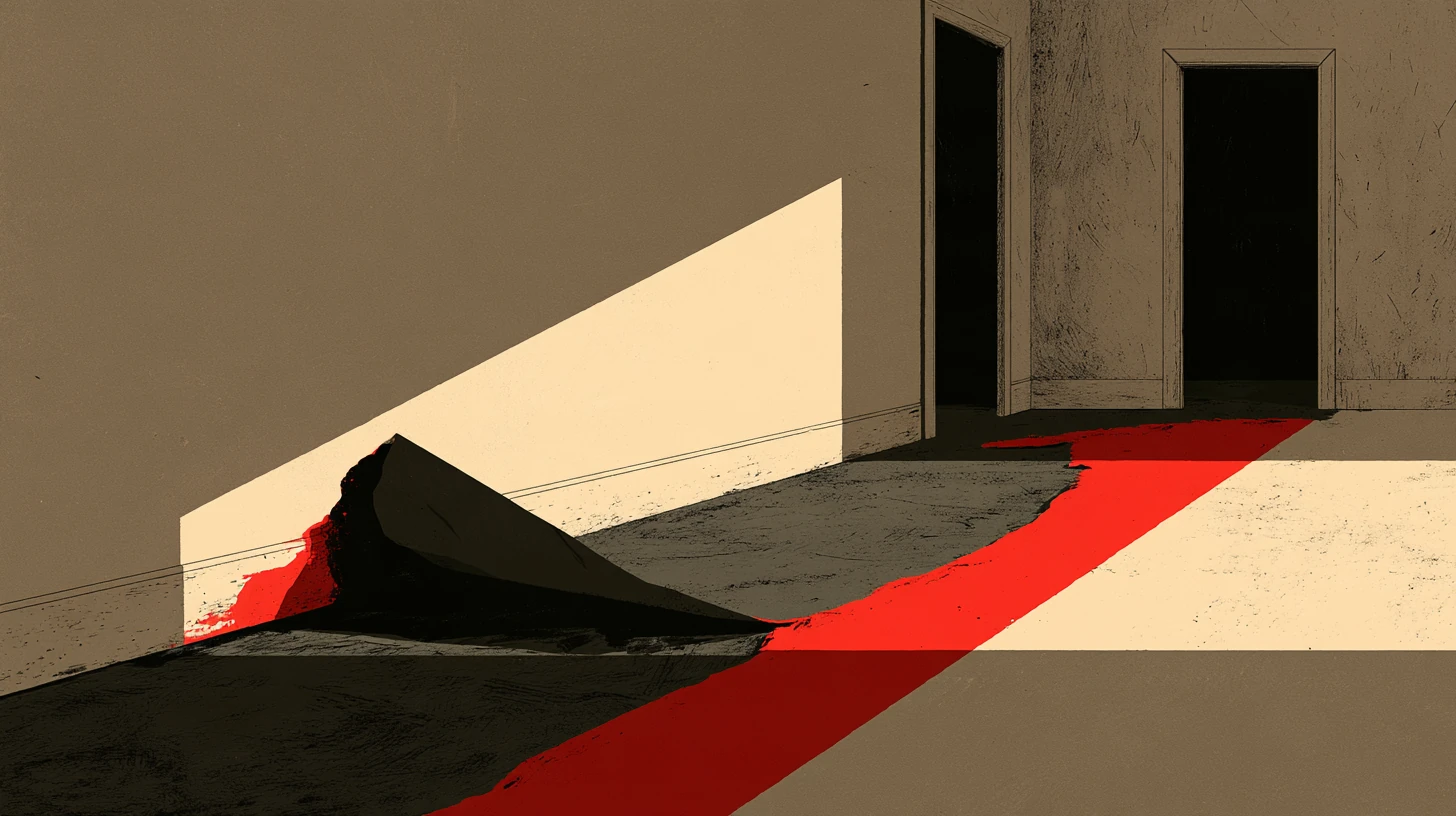 Flat illustration of a red path crossing an empty room toward a dark doorway, with a large black shape.