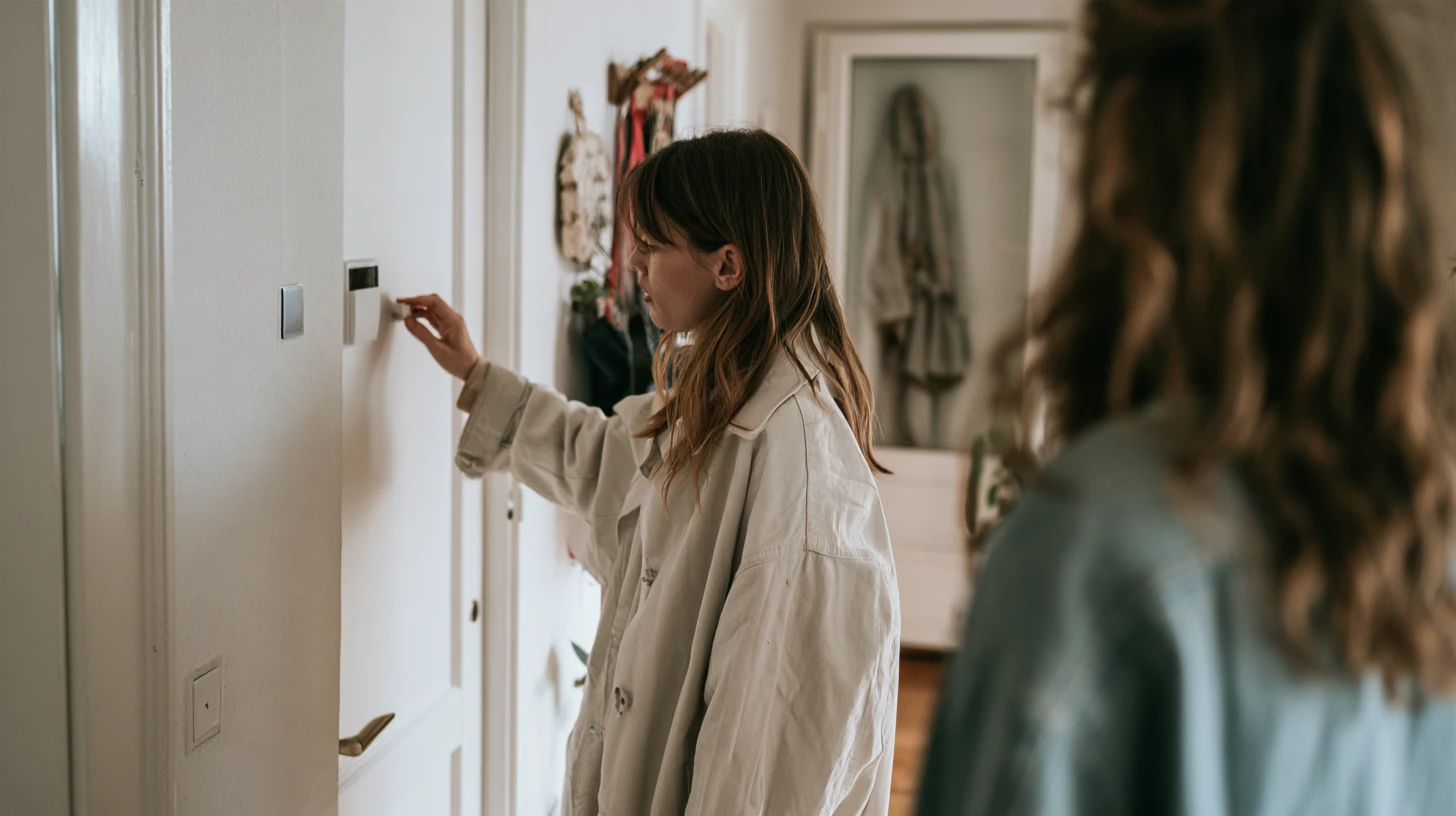 A woman adjusts a small white wall thermostat in a bright home hallway, seen from behind another person.