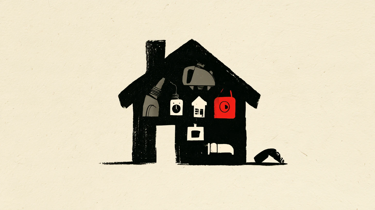 Illustration of a black house silhouette containing simple household icons, one red, on textured paper.