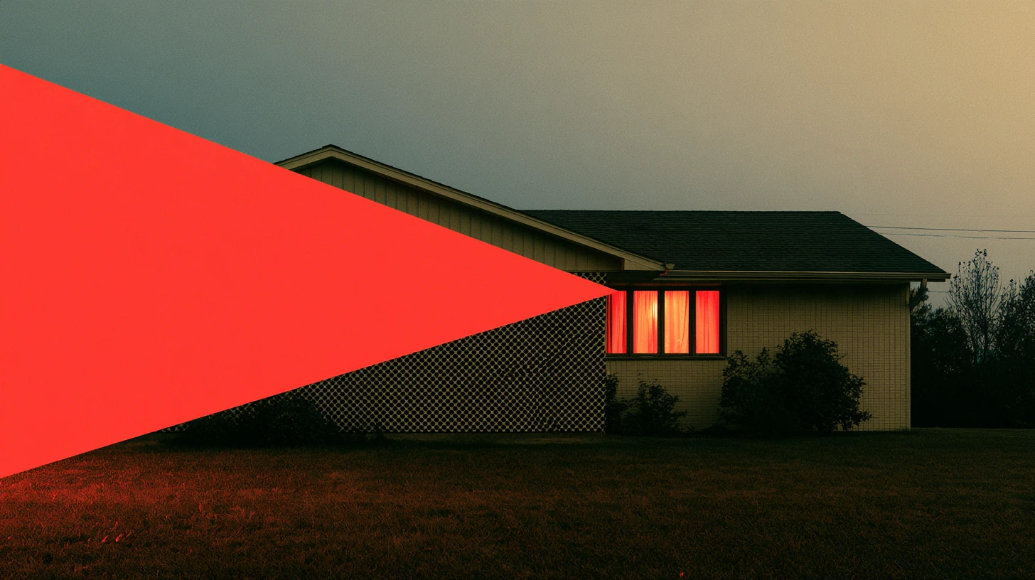 Photograph of a suburban house at dusk with a large red triangular light beam from a glowing window.