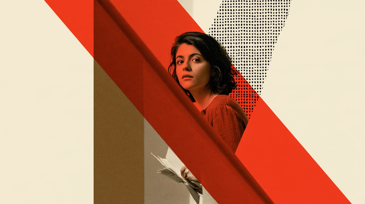 A woman pauses on a red-painted staircase holding papers, halftone dots and red blocks behind her.