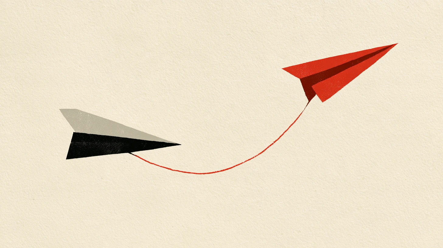 Illustration of a red paper airplane rising in a curve away from a black-and-white one on textured paper.