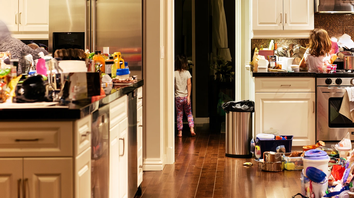 A cluttered family kitchen at night with two children near a crowded counter and messy floor.