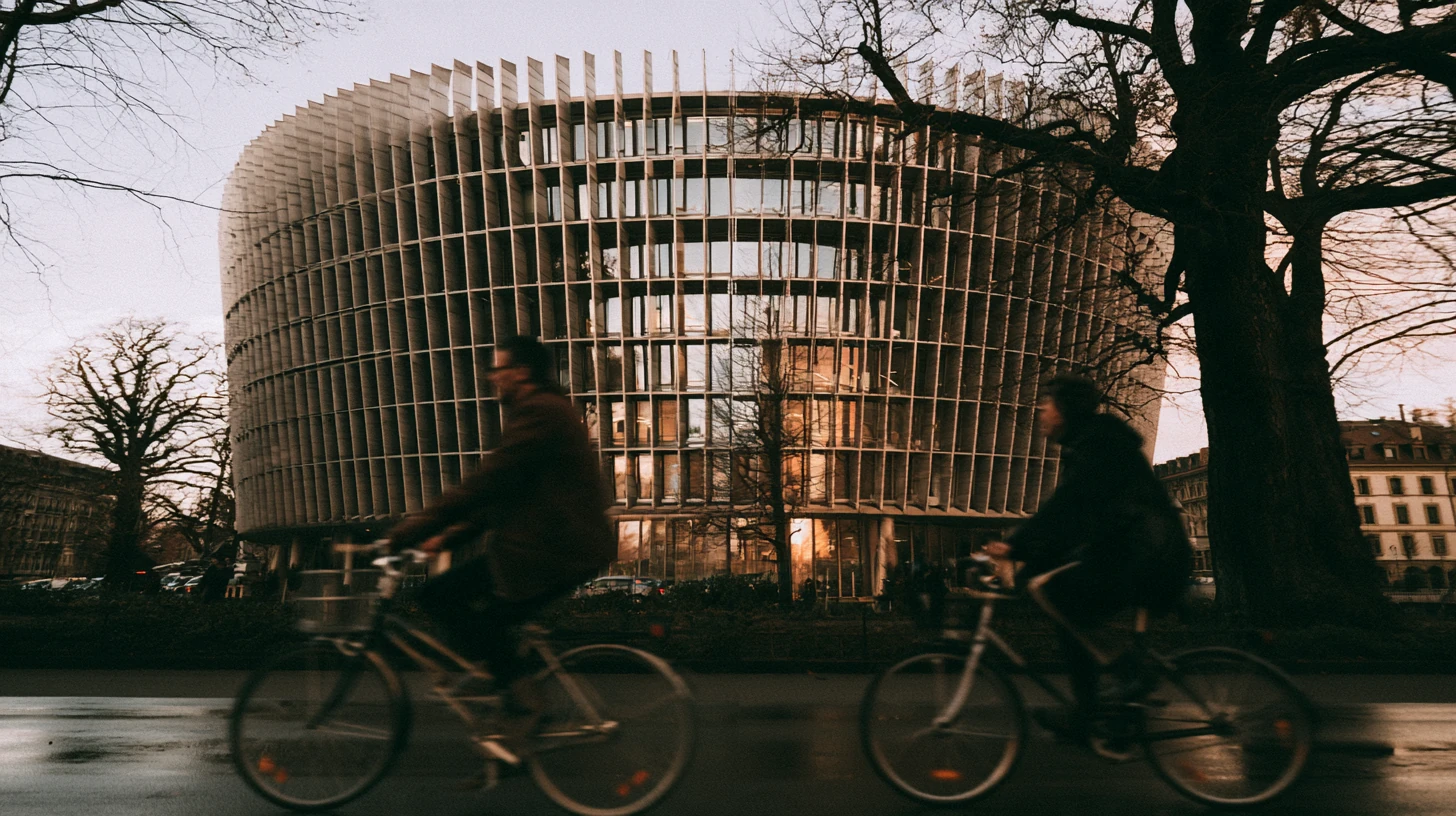 Cyclists ride past a curved modern building with fine vertical louvers at dusk on a wet road.