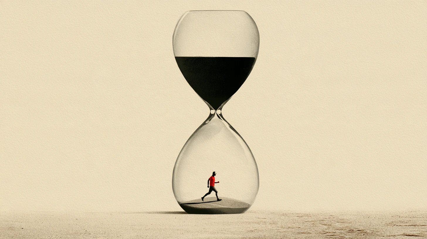 Surreal image of a runner in red inside the lower bulb of a large hourglass on sand.