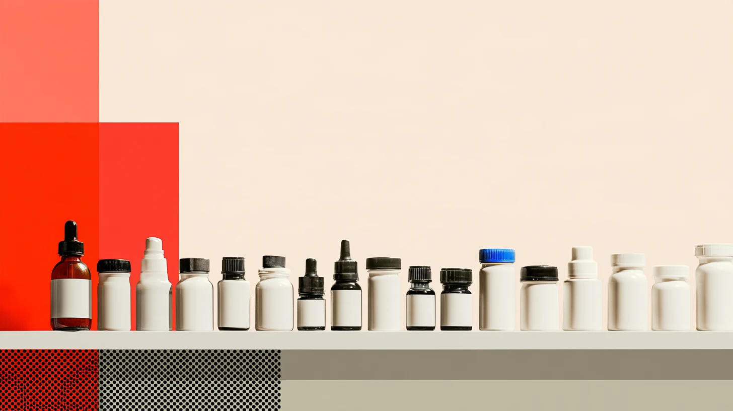 A shelf of white and amber supplement bottles against a peach wall with red and halftone panels.