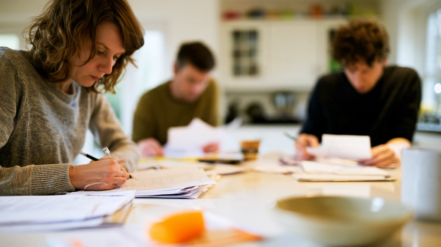 Three people work through stacks of papers at a bright kitchen counter in daylight.