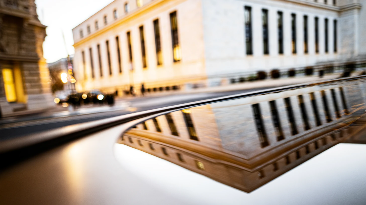 A classical government-style building reflected in a dark polished surface at golden hour.