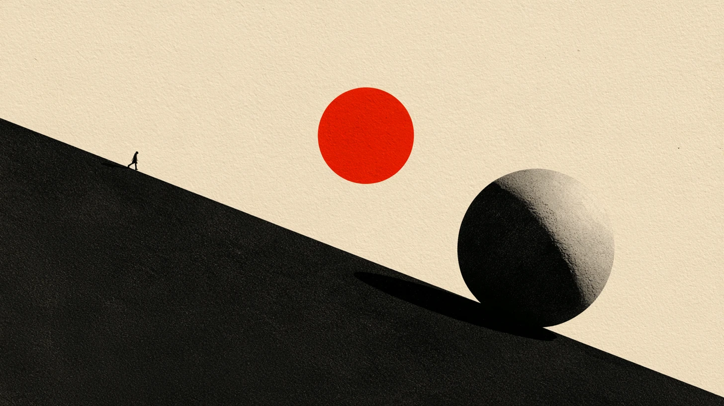 Minimal illustration of a tiny figure walking up a dark slope toward a boulder and red sun.