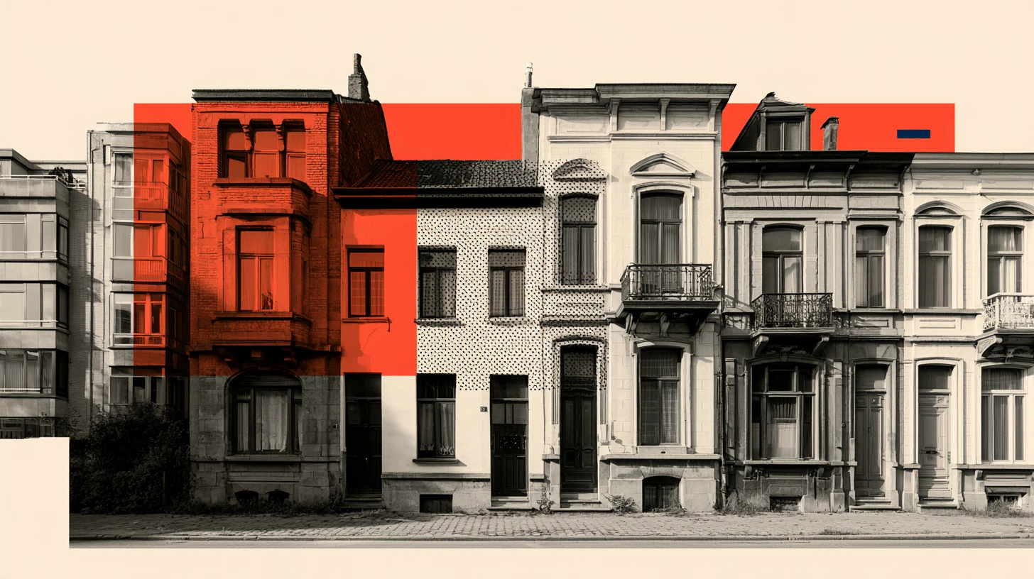 Terraced townhouse façades partially overlaid with red blocks and halftone dot patterns.