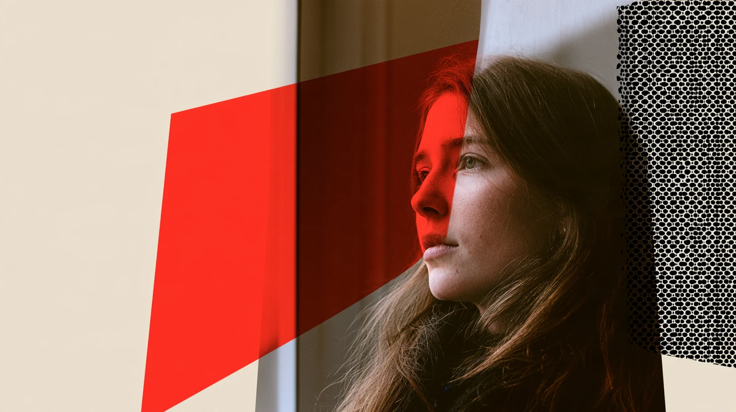A young woman's profile overlaid by a translucent red panel and halftone texture by a window.