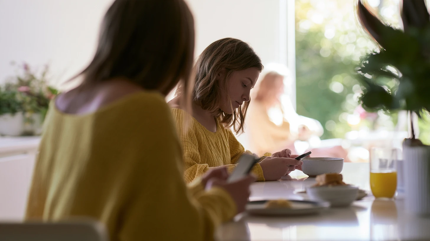 Family at a bright kitchen island using phones over breakfast, blurred figure beyond the glass door.