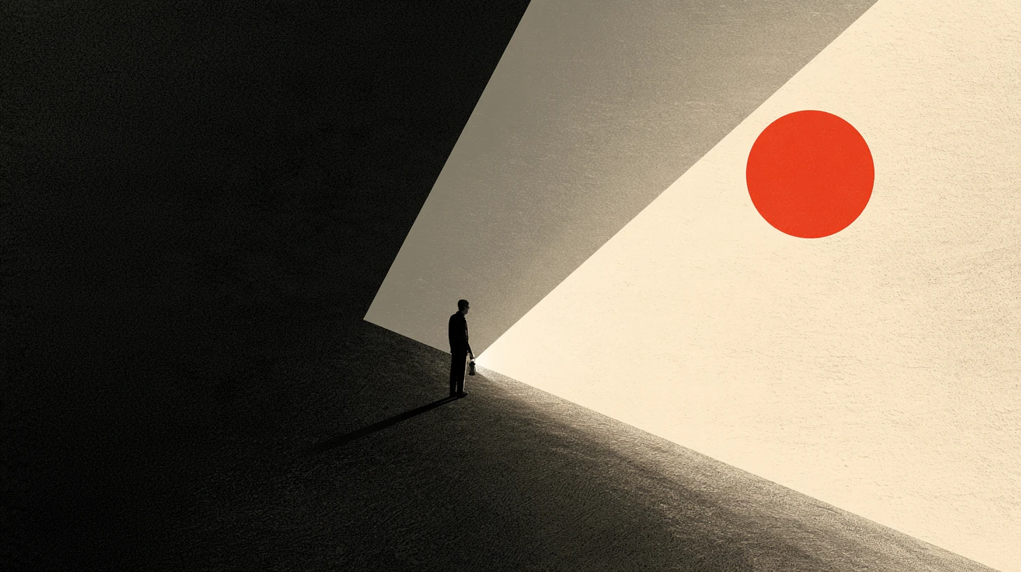 Minimal illustration of a small figure with a lantern lighting one wedge of a dark room toward a red sun disc.
