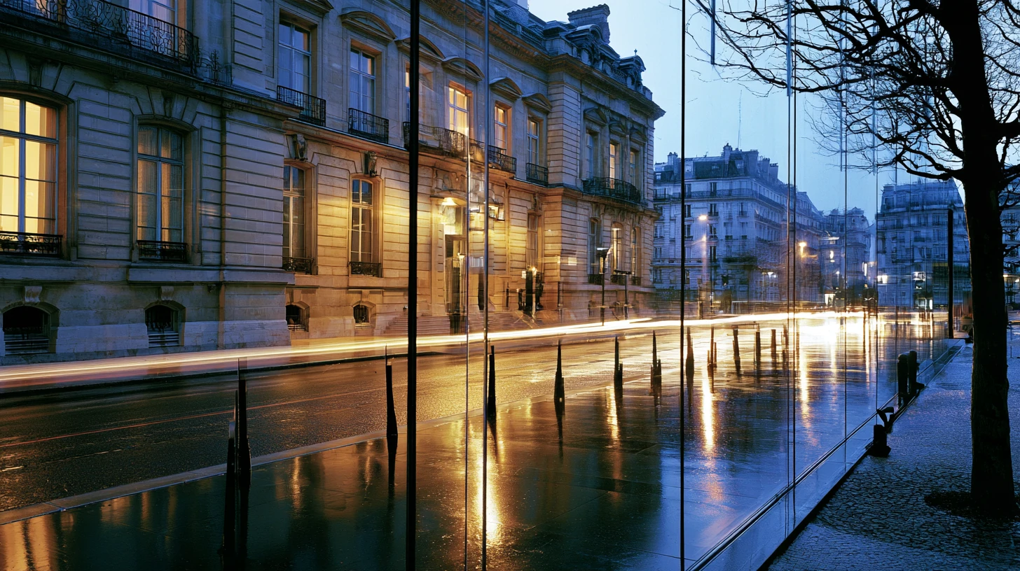 Night exterior of an ornate stone building with warm window light and wet reflective pavement.