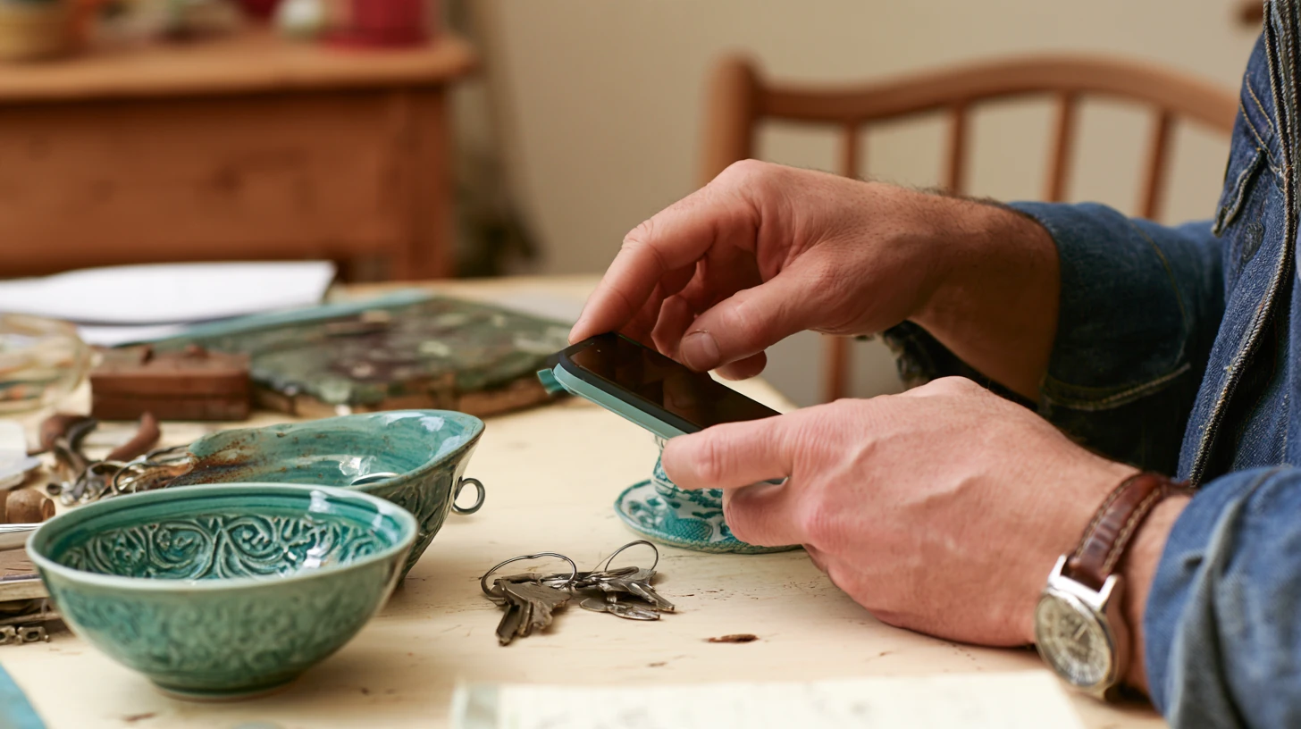Hands hold a phone above a worn wooden workbench with keys and two green ceramic bowls.