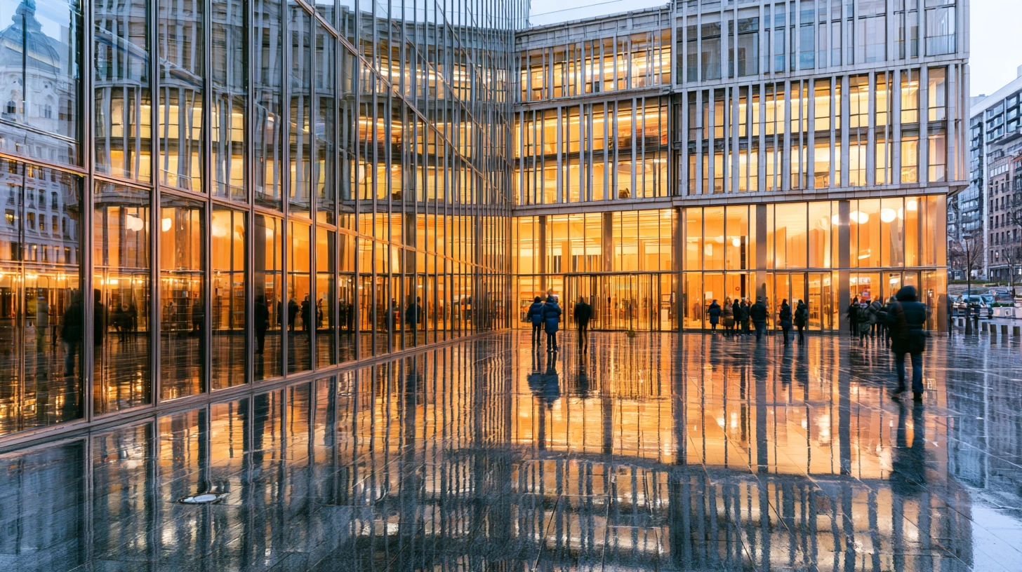 Rainy dusk plaza before a glass office building glowing warm orange, silhouetted pedestrians on wet stone.