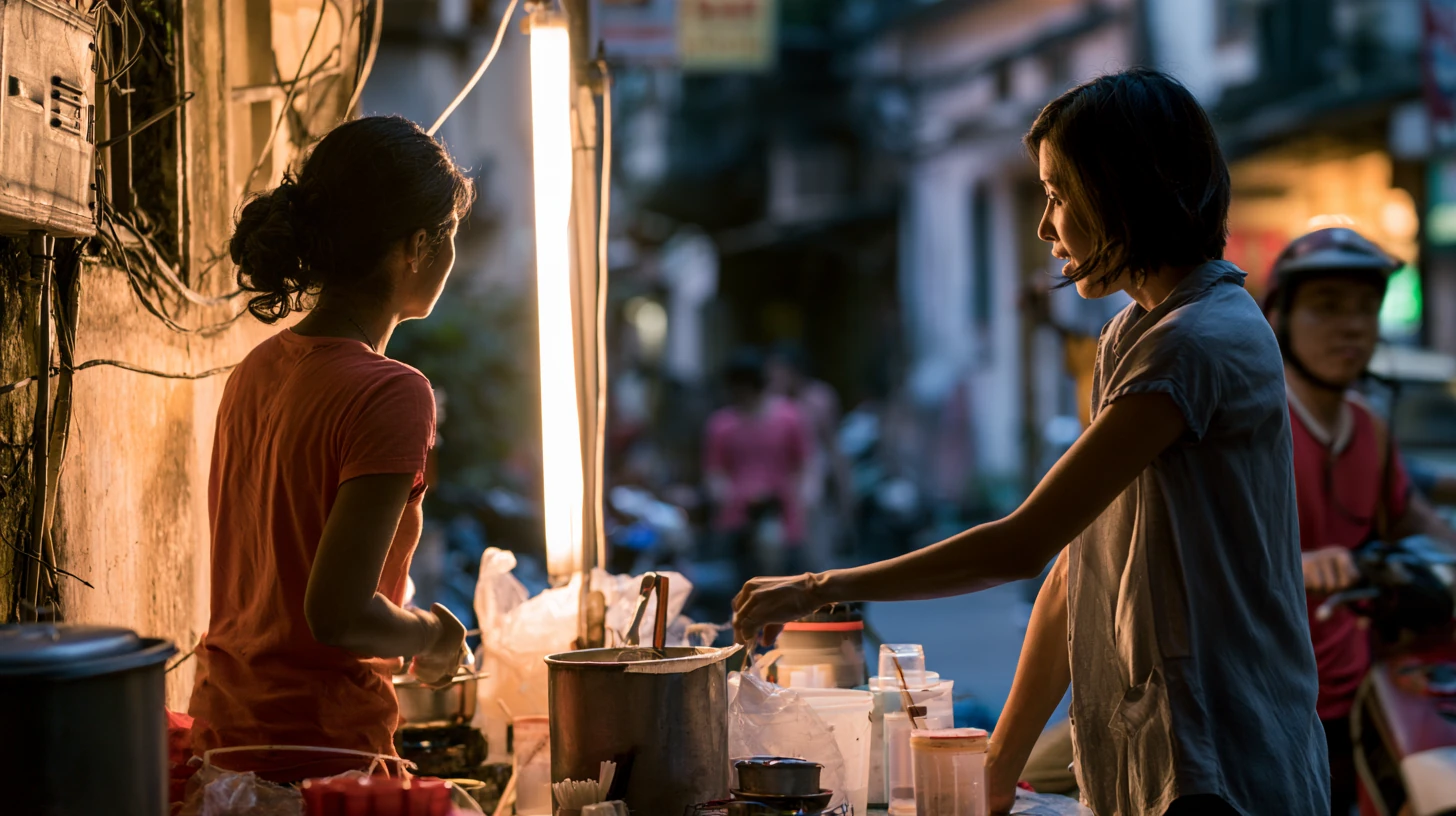 Two women at a street-food stall at dusk under a fluorescent tube, motorbike rider behind.