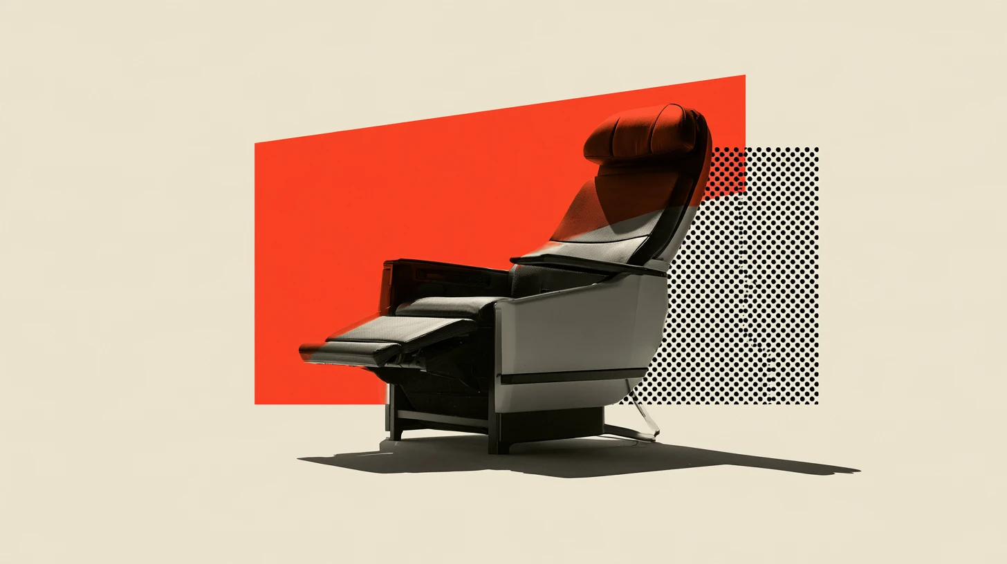 Collage-style premium cabin seat over a red panel and halftone dots on a cream background.