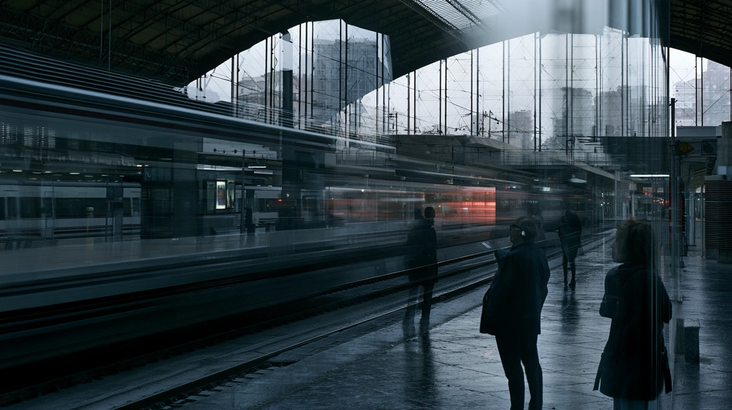 Motion-blurred train station platform with figures, glass reflections and a passing train.